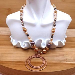 Vintage Chocolate and Copper Faux Pearl, Faceted Beads w 3 Circle Copper Pendant